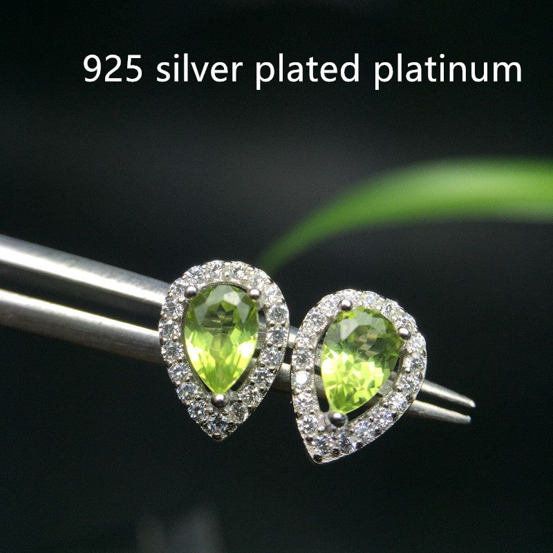 Natural Peridot Stud Earrings With Silver Inlays