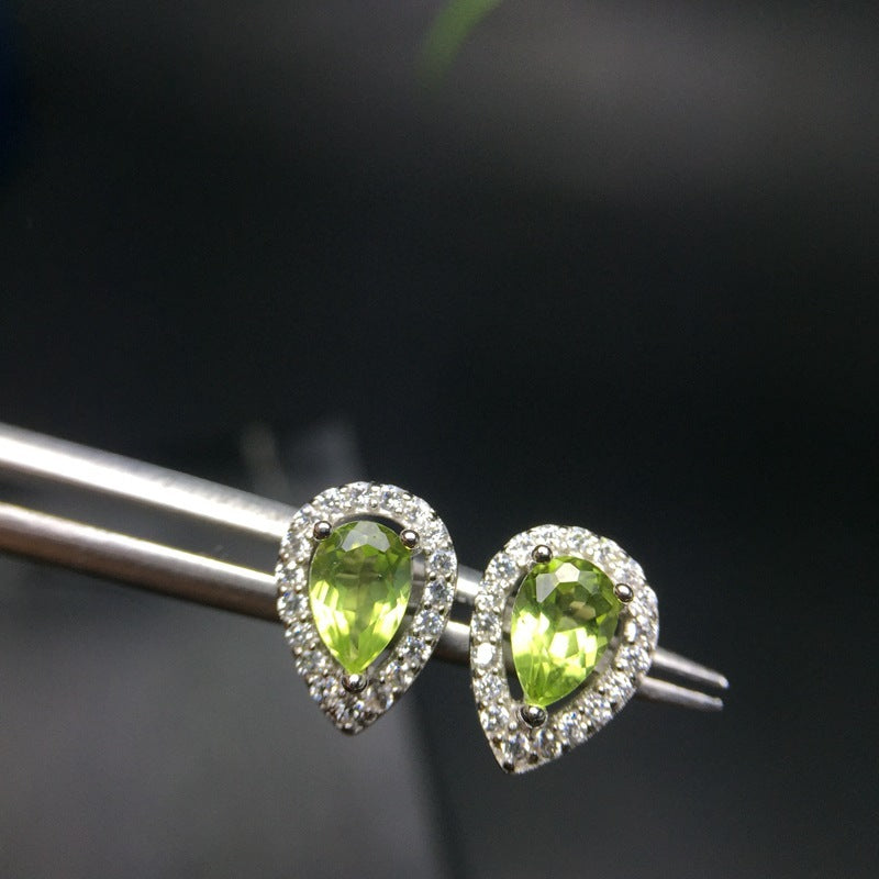 Natural Peridot Stud Earrings With Silver Inlays