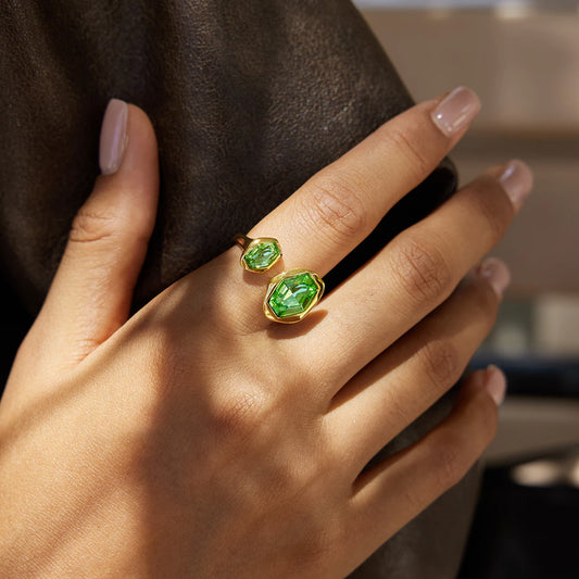 Green peridot Zirconium Geometric Asymmetric Open Ring Gift