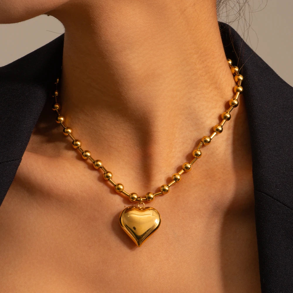 Sample wearing of the Ball Beaded Necklace with Gold Heart Pendant