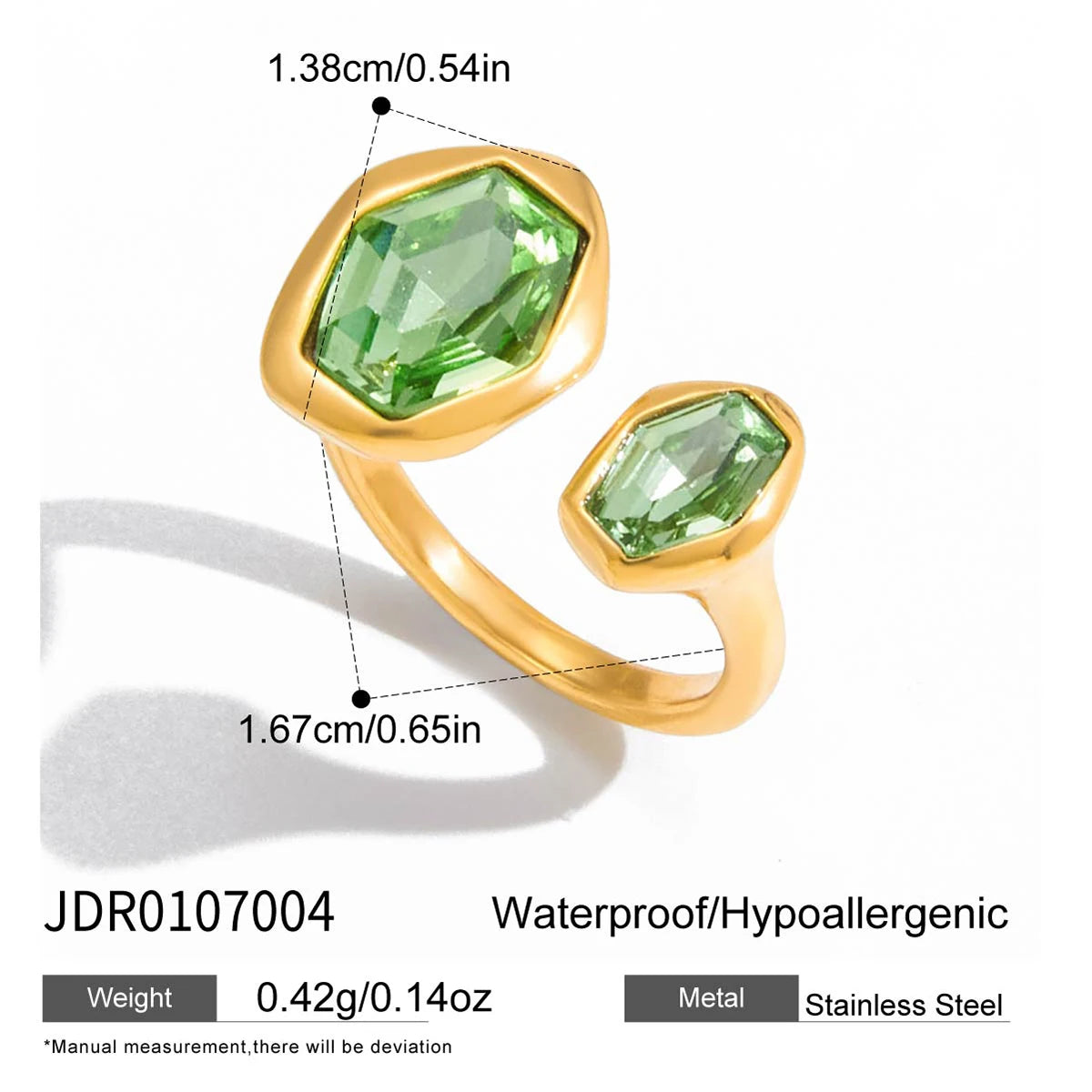 Green peridot Zirconium Geometric Asymmetric Open Ring Gift