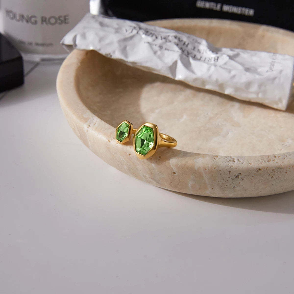 Green peridot Zirconium Geometric Asymmetric Open Ring Gift