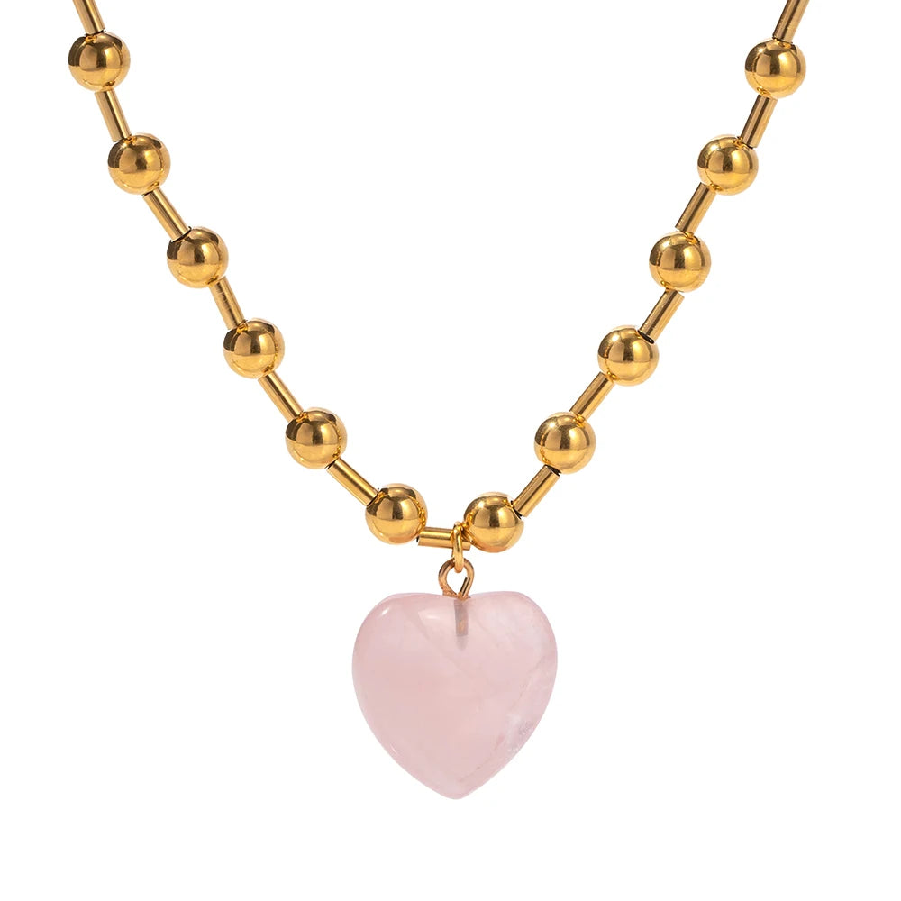 Ball Beaded Necklace with Pink Clear Heart Pendant