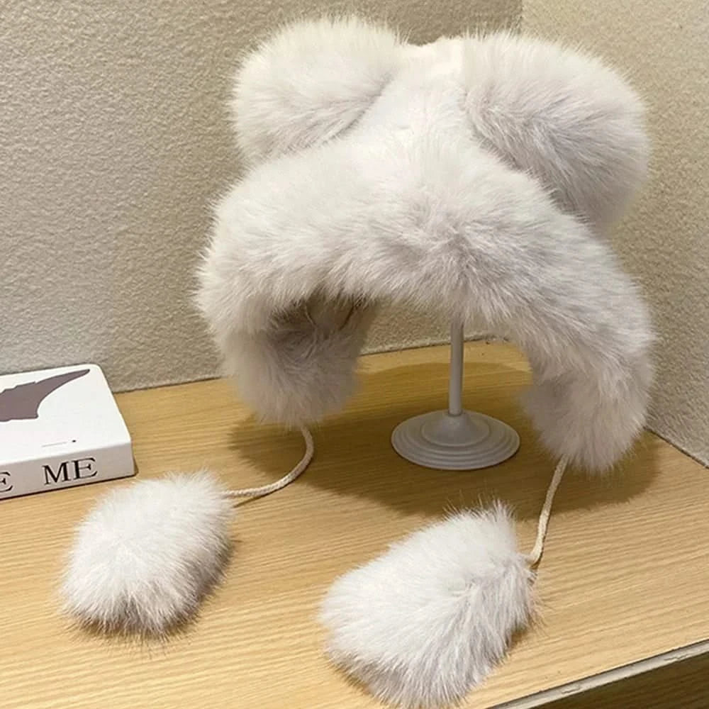 Another sample wearing of White Faux Fur Earflap Hat