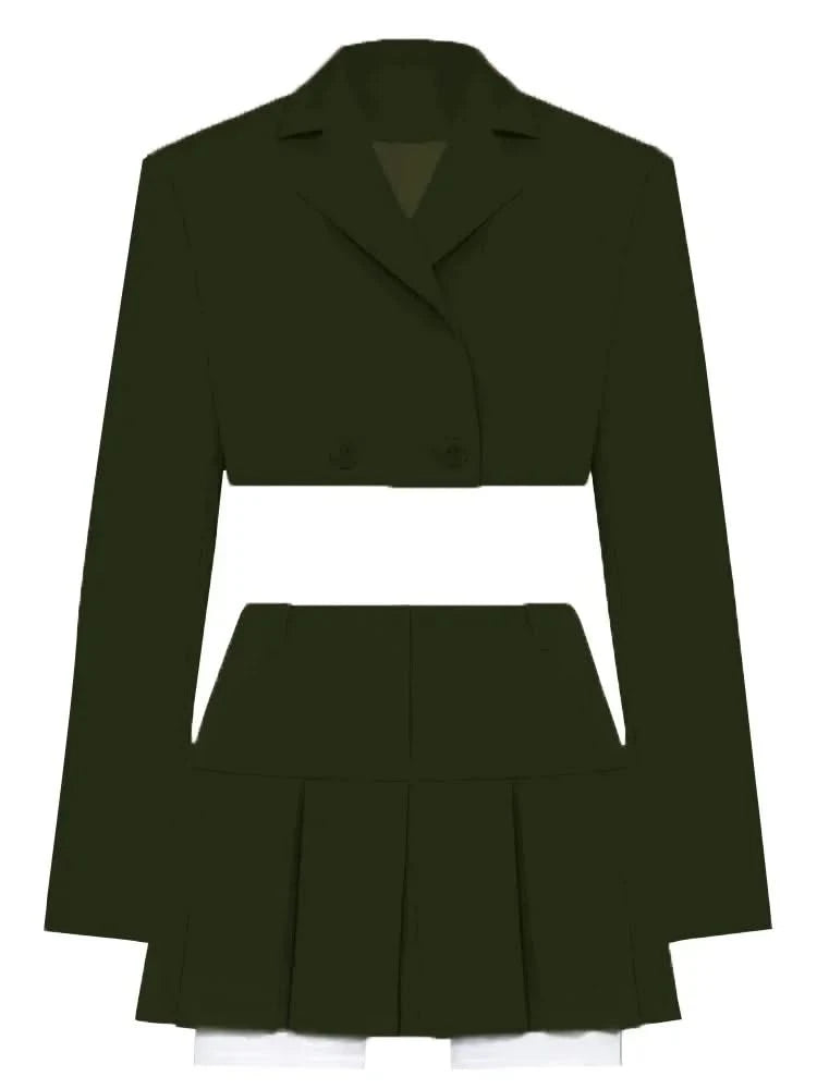 Army Green Blazer Cropped Top and Skirt