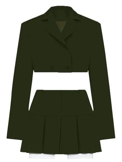 Army Green Blazer Cropped Top and Skirt