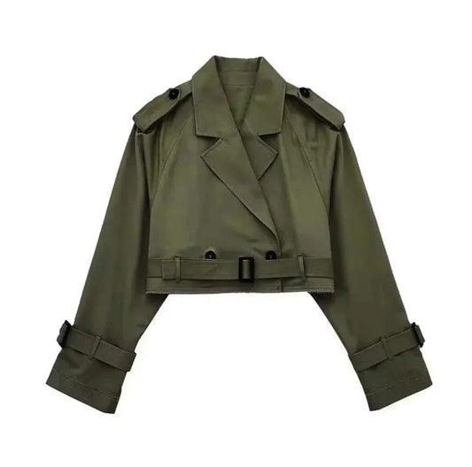 Army Green Cropped Trench Coat