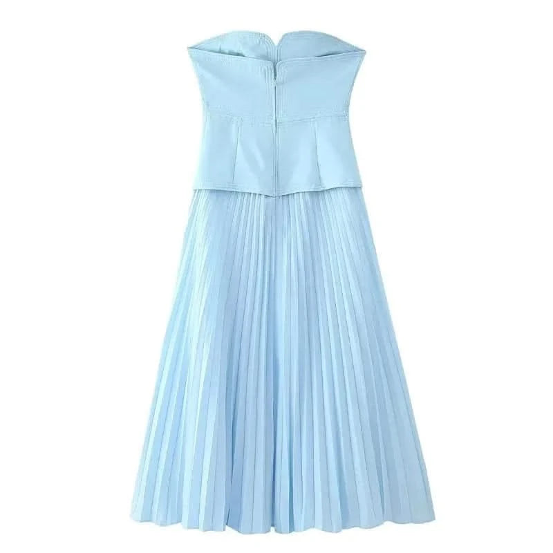 Back details of Blue Strapless Pleated Maxi Dress
