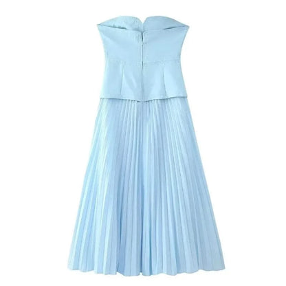 Back details of Blue Strapless Pleated Maxi Dress