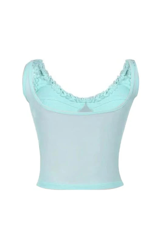 Back details of Green Sleeveless Ruffled Crop Tank Top - Mabel Love
