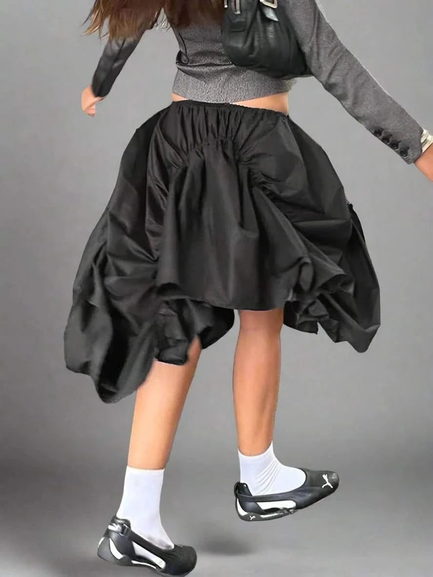 Back details of black Asymmetrical Drawstring Midi Skirt