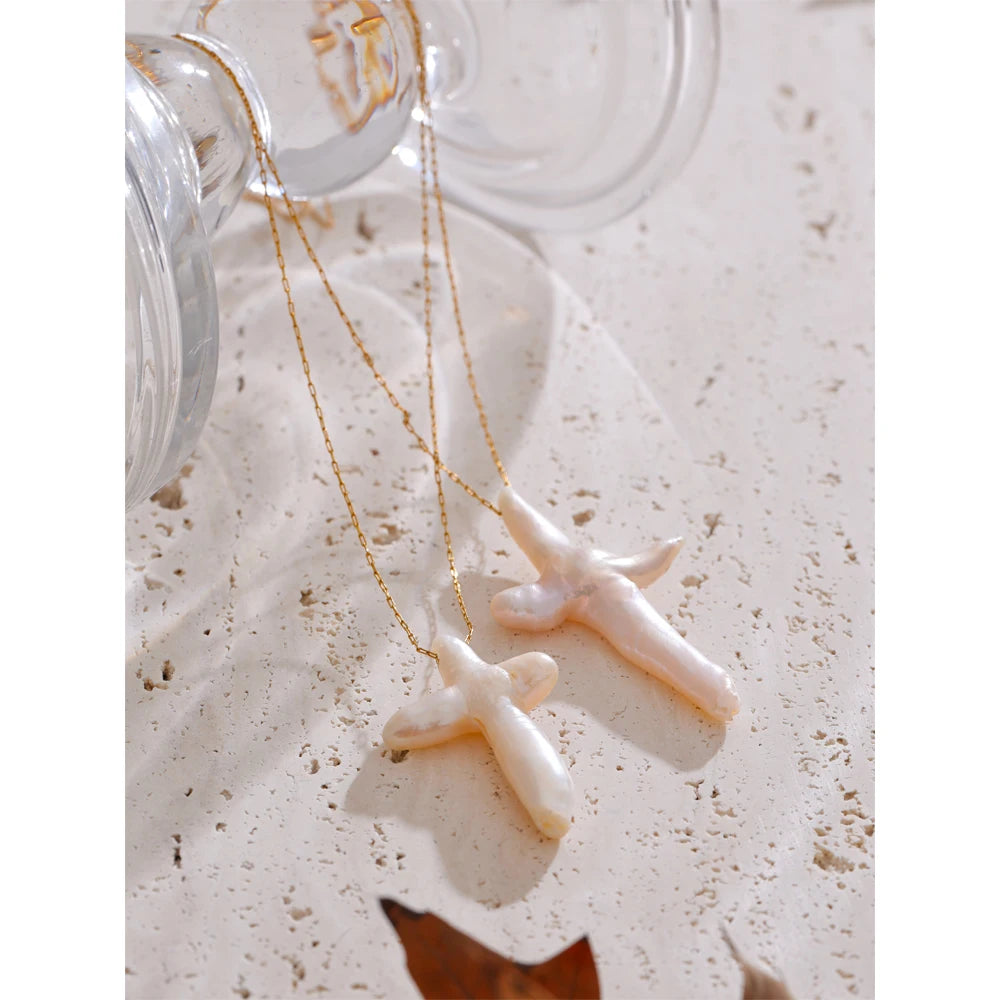Baroque Pearl Cross Necklace 