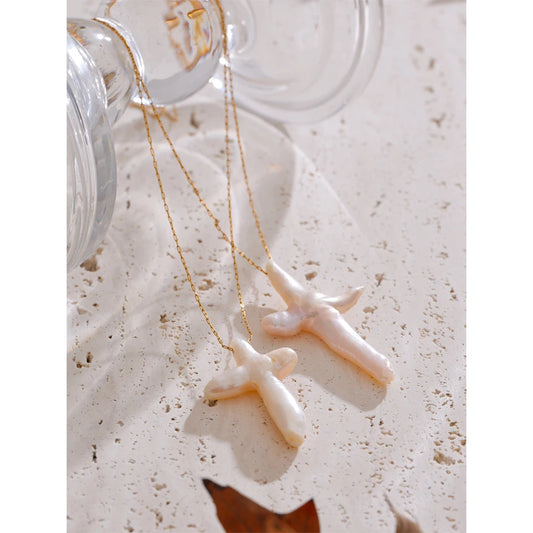 Baroque Pearl Cross Necklace 