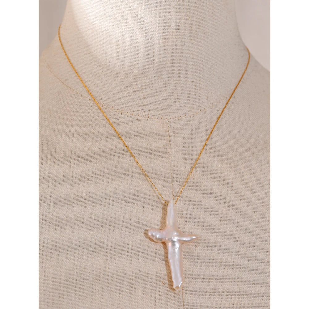 Baroque Pearl Cross Necklace 