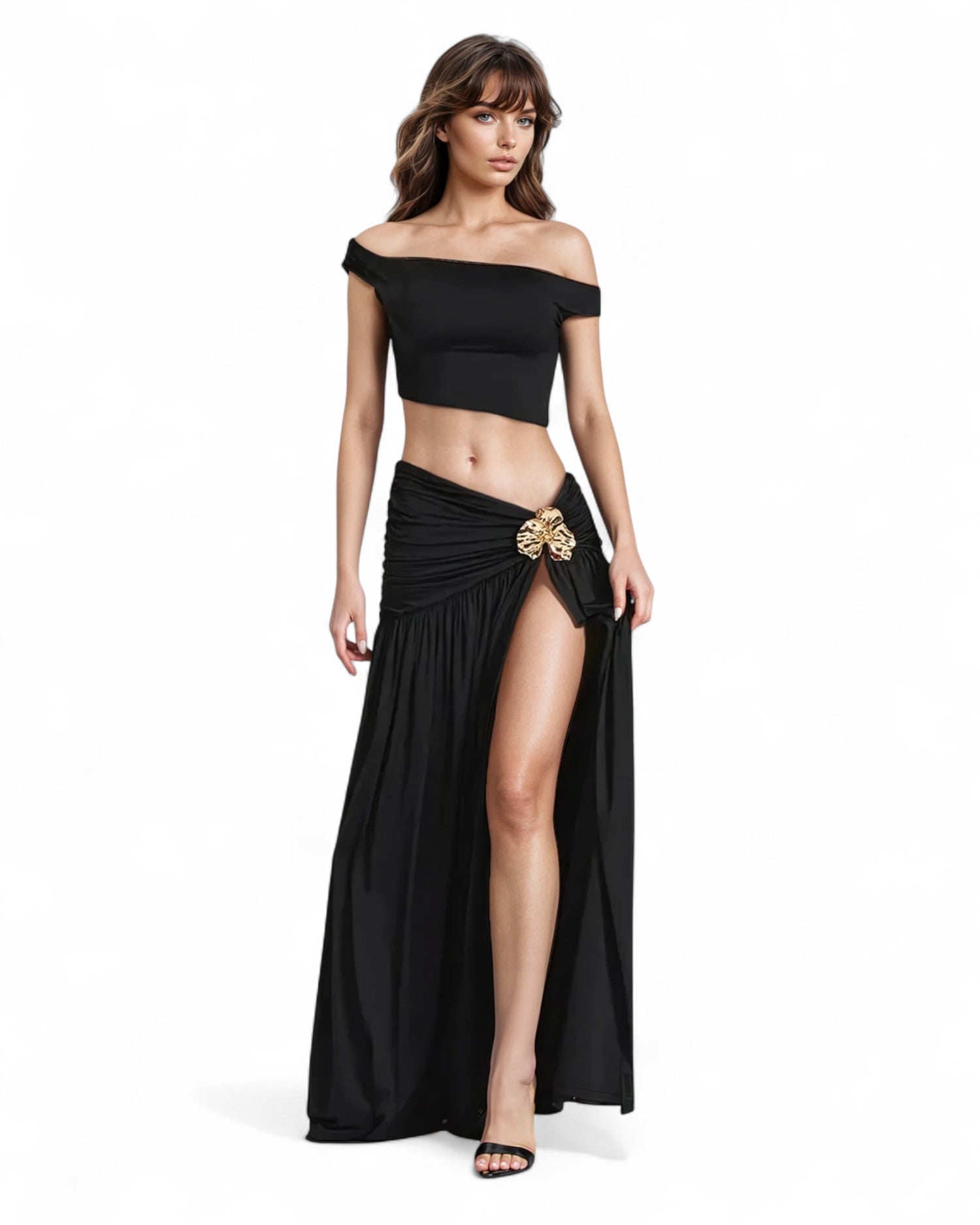 Black Elegant Skew Neck Set – Backless Pleated Fit