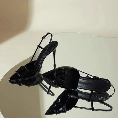 Black Pointed-Toe Slingback Heels details