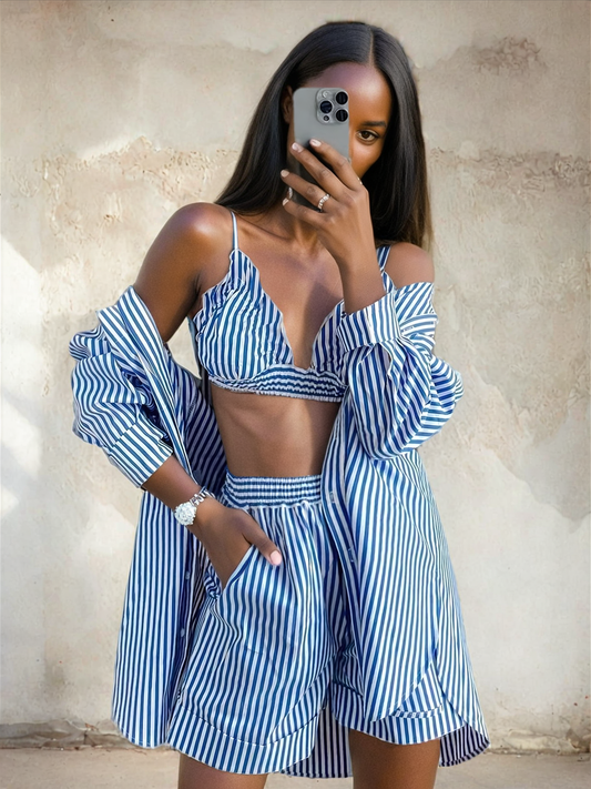 Close-up image of Blue Loose Stripe Print Three Piece Set