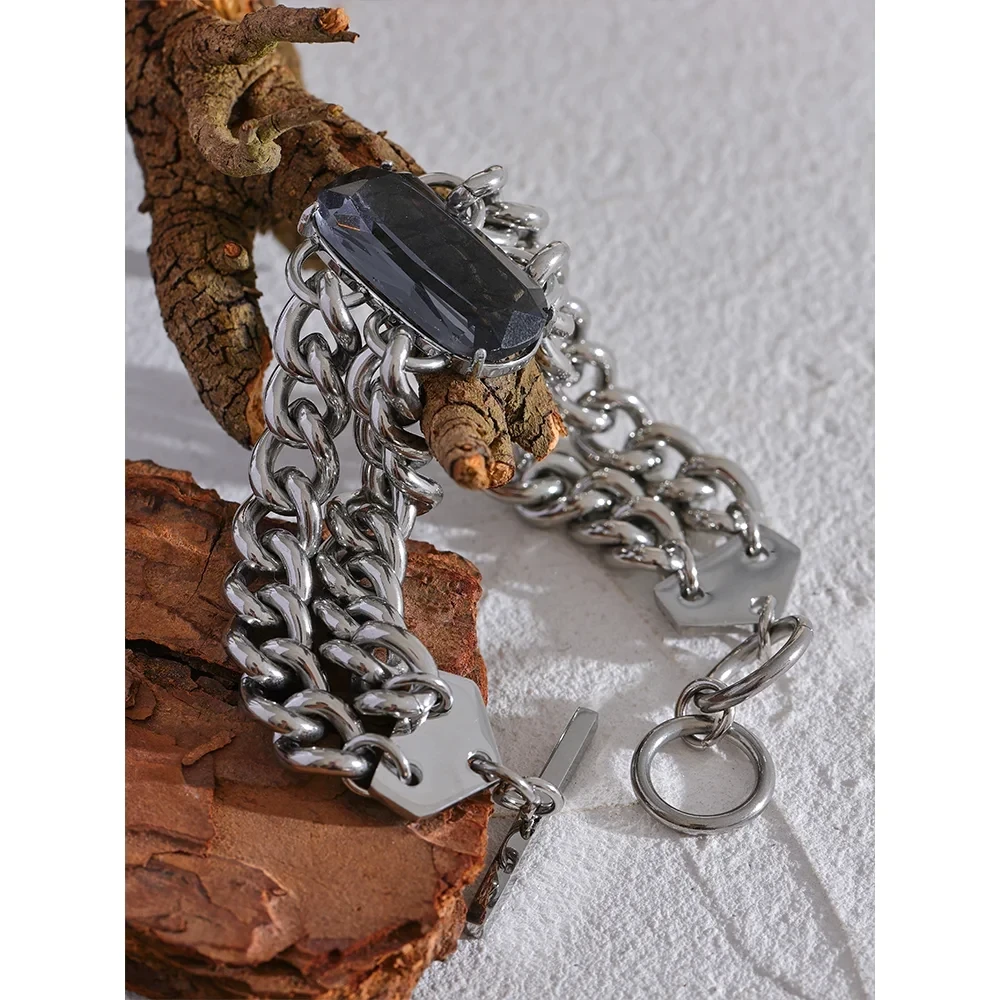 Close-up image of Silver Chain Bracelet with Black Gemstone