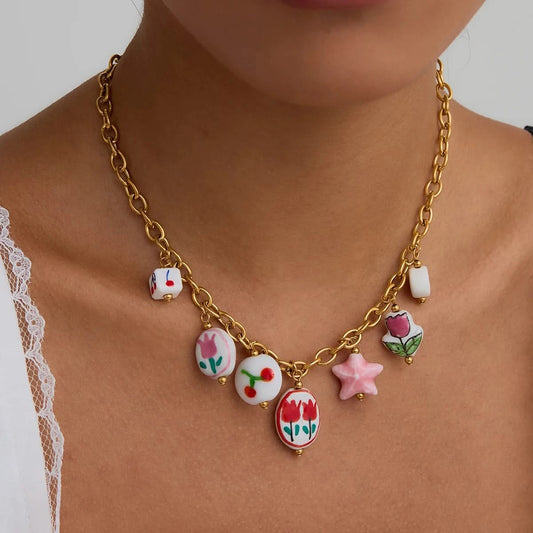 Colorful Ceramic Heart Necklace - Minimalist Statement Piece