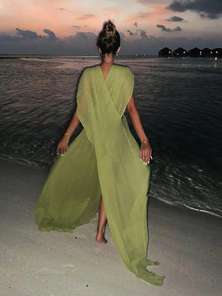 Back details of green Drape Loose Cover-Up Maxi Dress