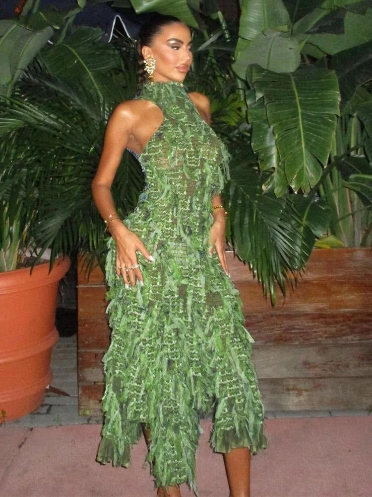 Leafy Green Halter Midi Dress - Mabel Love Co