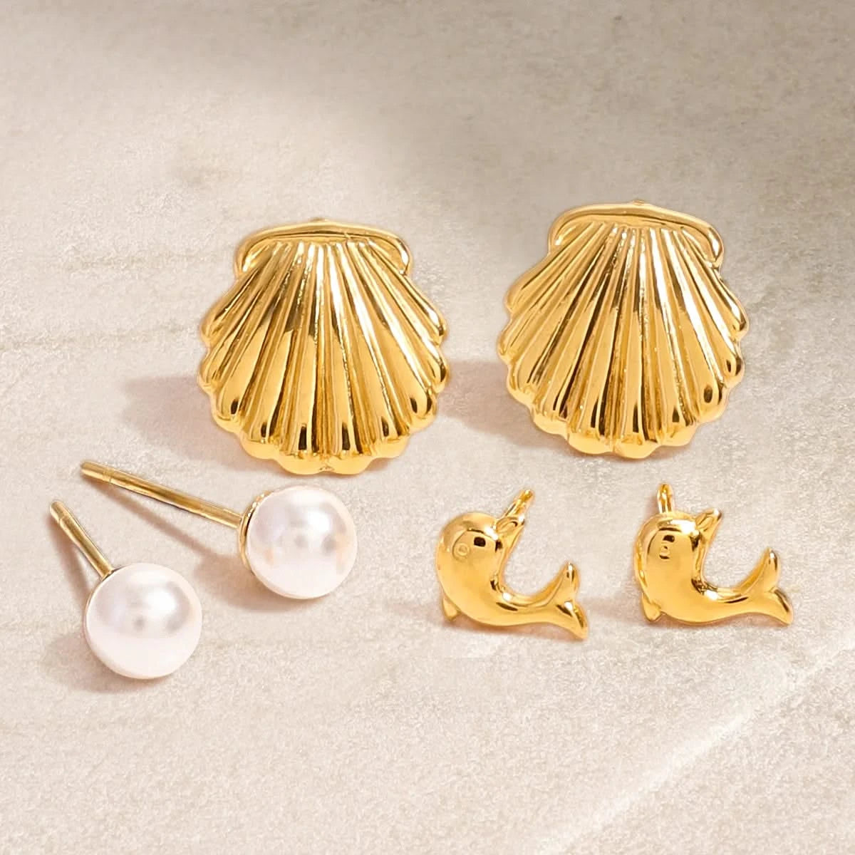 Dolphin, Ribbed Shell Earring Set - Gold Plated Stainless Steel