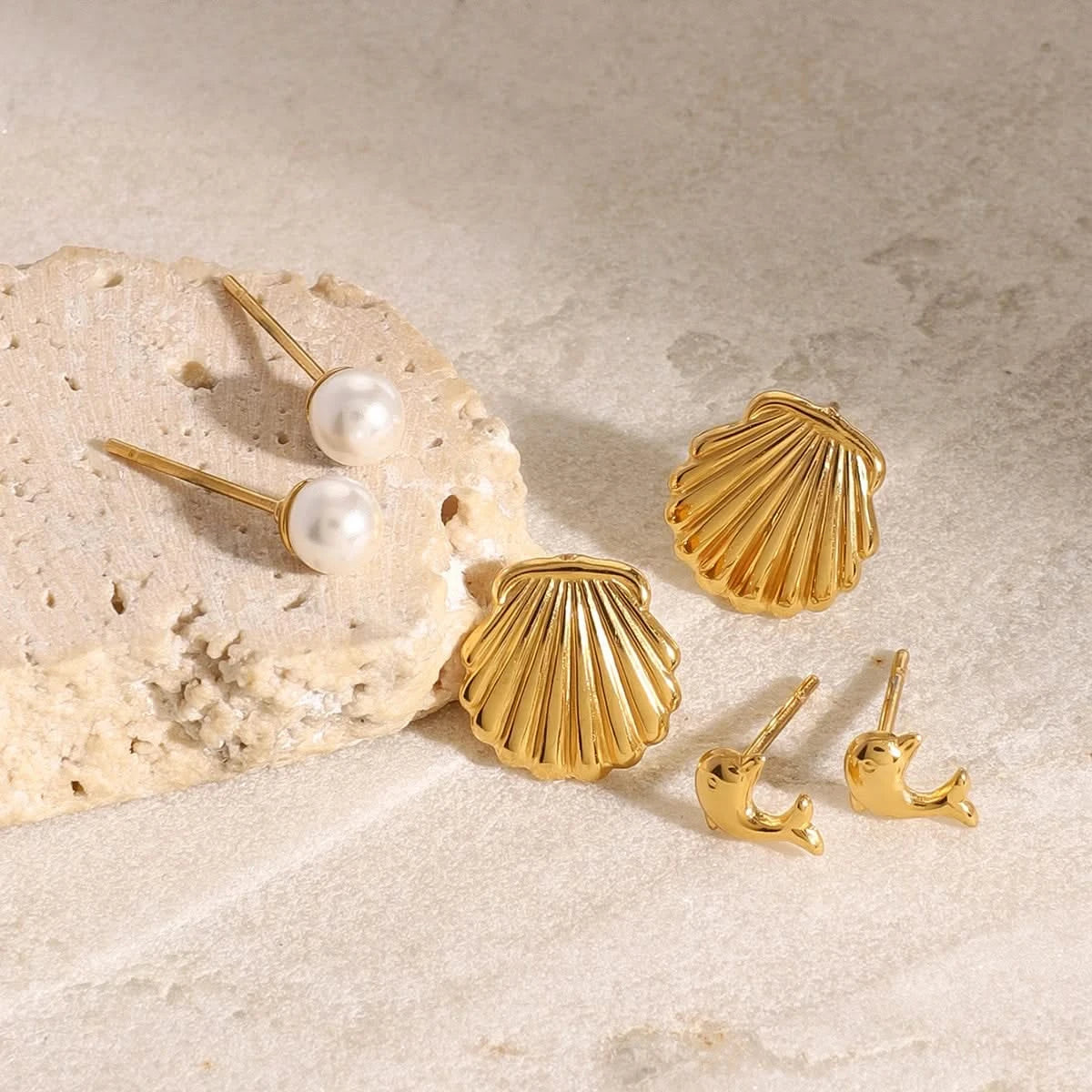Dolphin, Ribbed Shell Earring Set - Gold Plated Stainless Steel