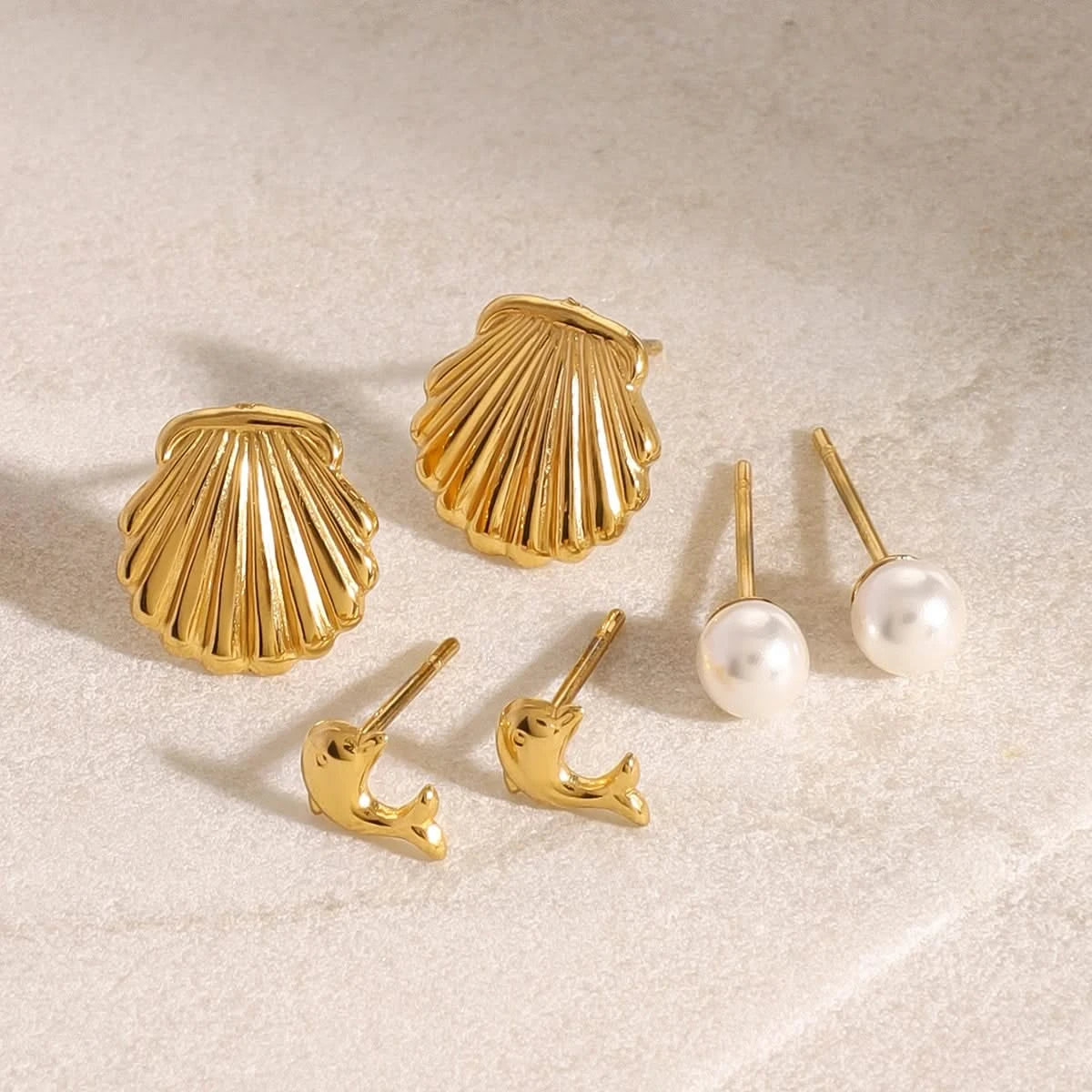 Dolphin, Ribbed Shell Earring Set - Gold Plated Stainless Steel