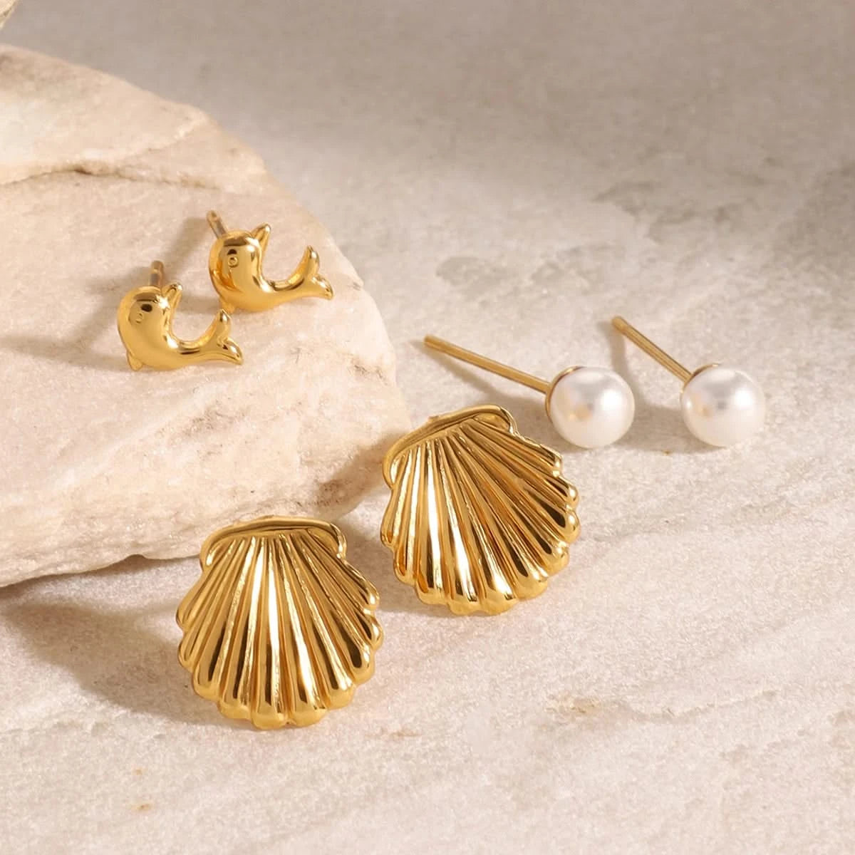 Dolphin, Ribbed Shell Earring Set - Gold Plated Stainless Steel