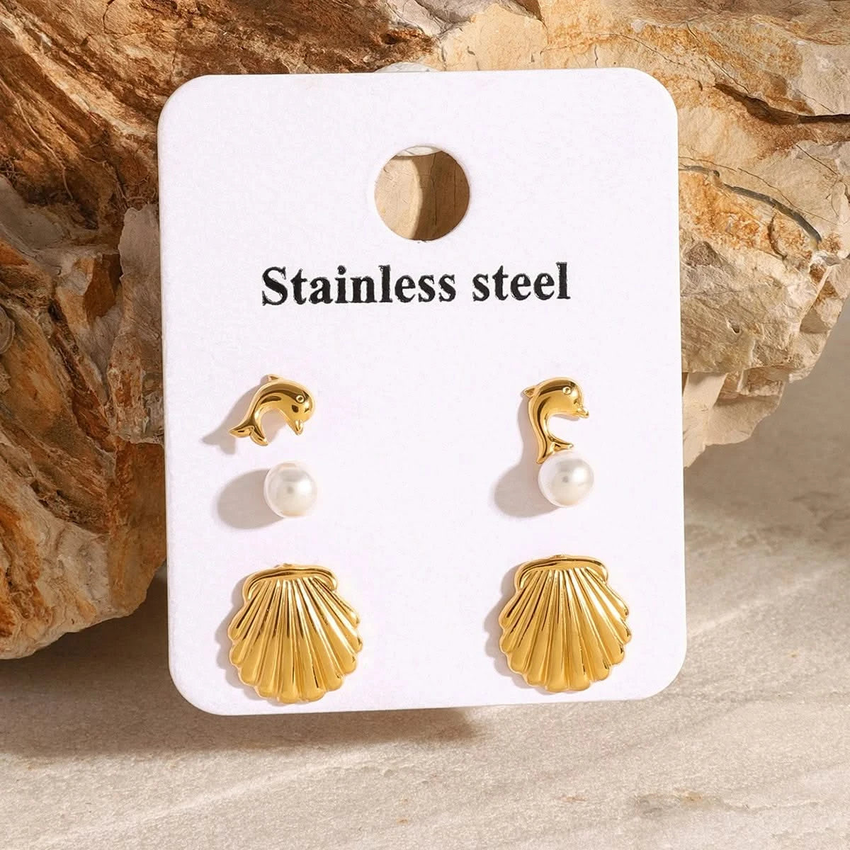 Dolphin, Ribbed Shell Earring Set - Gold Plated Stainless Steel