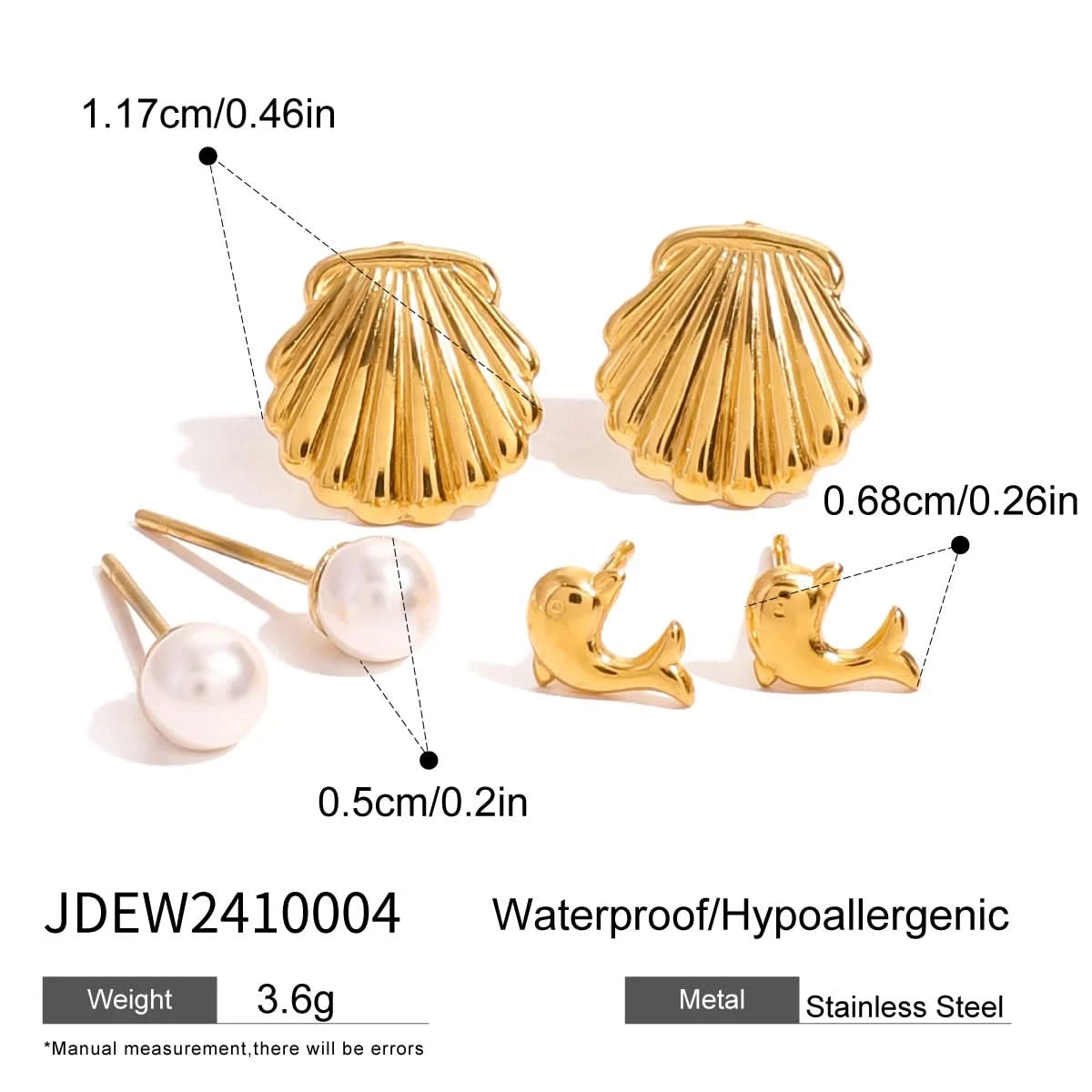 Dolphin, Ribbed Shell Earring Set - Gold Plated Stainless Steel