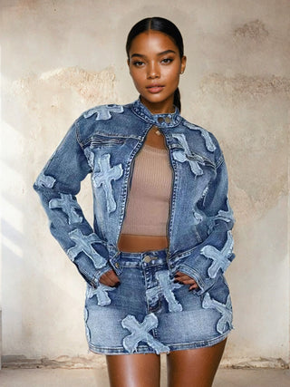 Embroidered Denim Skirt and Cropped Jacket Set