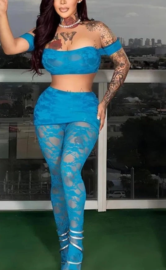 Blue Lace Off-Shoulder Top with Tights