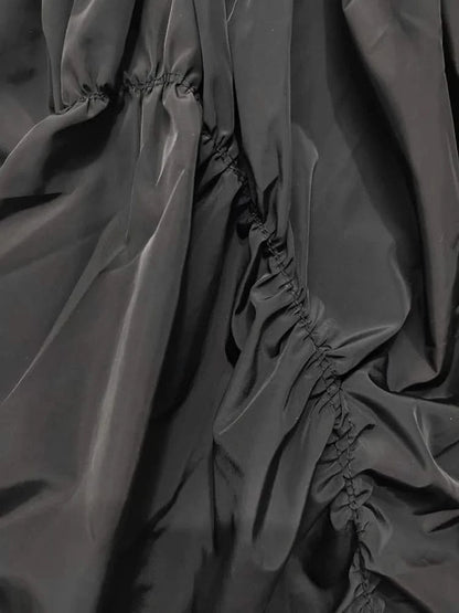 Fabric details of black Asymmetrical Drawstring Midi Skirt