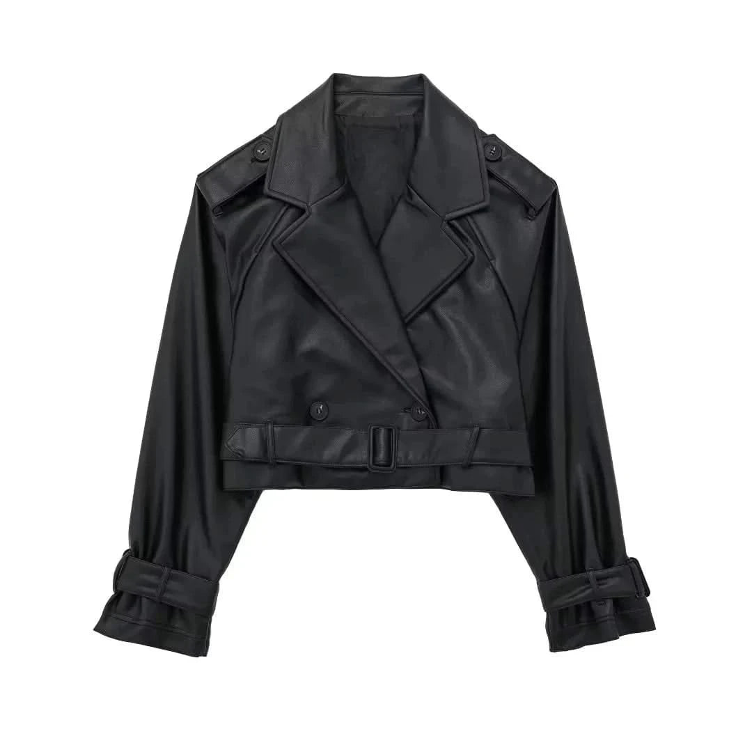 Faux Leather Cropped Trench Coat