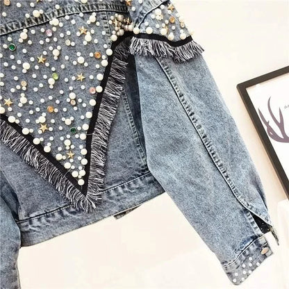 Fringe details of Embellished Blue Denim Jacket
