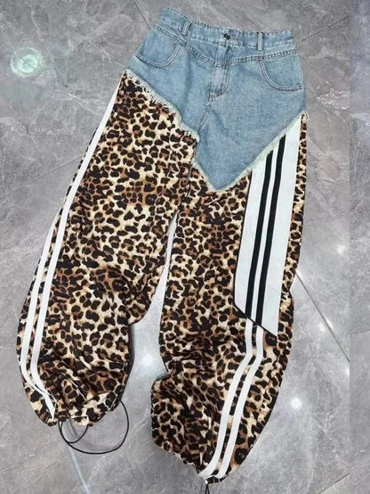 Front Leopard Print Splicing Jeans