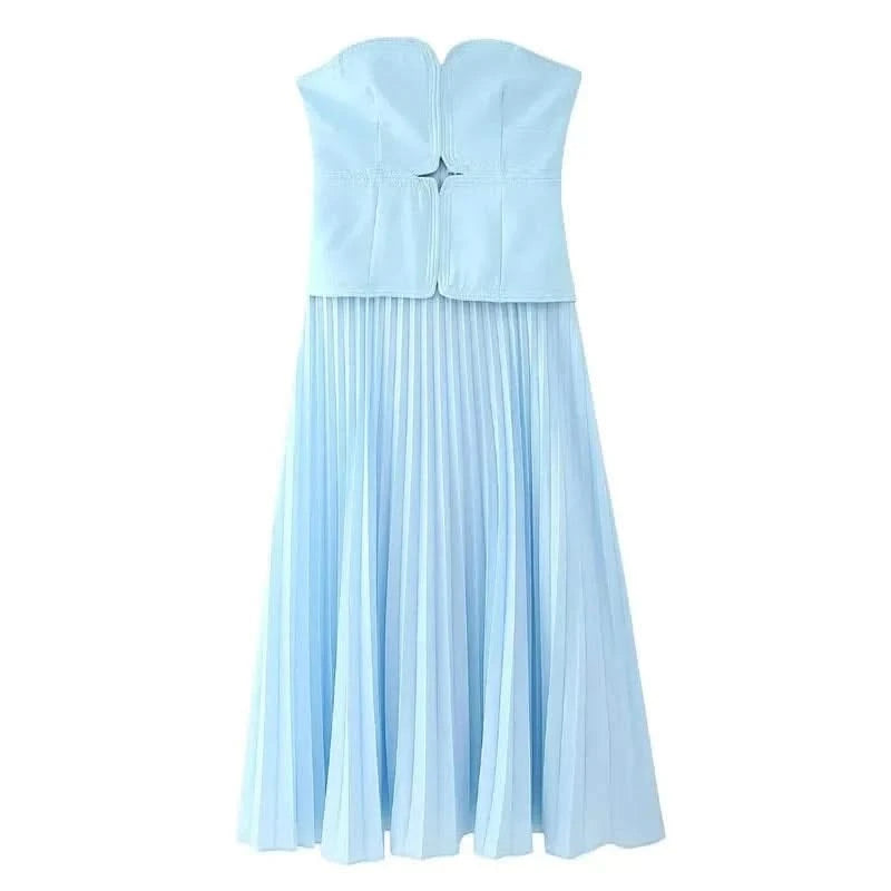 Front details of Blue Strapless Pleated Maxi Dress