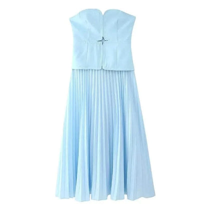 Front details of Blue Strapless Pleated Maxi Dress