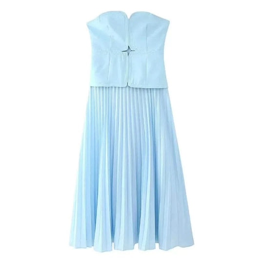 Front details of Blue Strapless Pleated Maxi Dress