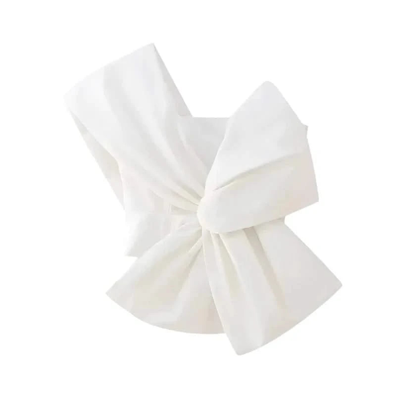 Front details of White Bowknot One-Shoulder Top
