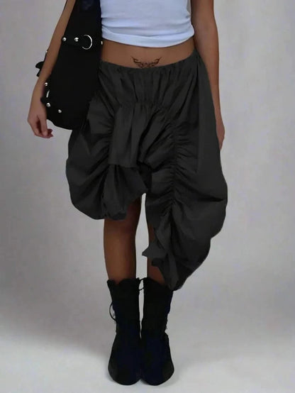 Front details of black Asymmetrical Drawstring Midi Skirt