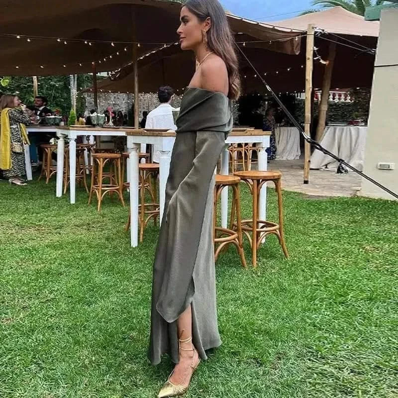 Full Side details of Gray Off-Shoulder Maxi Dress