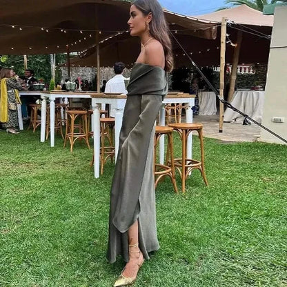 Full Side details of Gray Off-Shoulder Maxi Dress