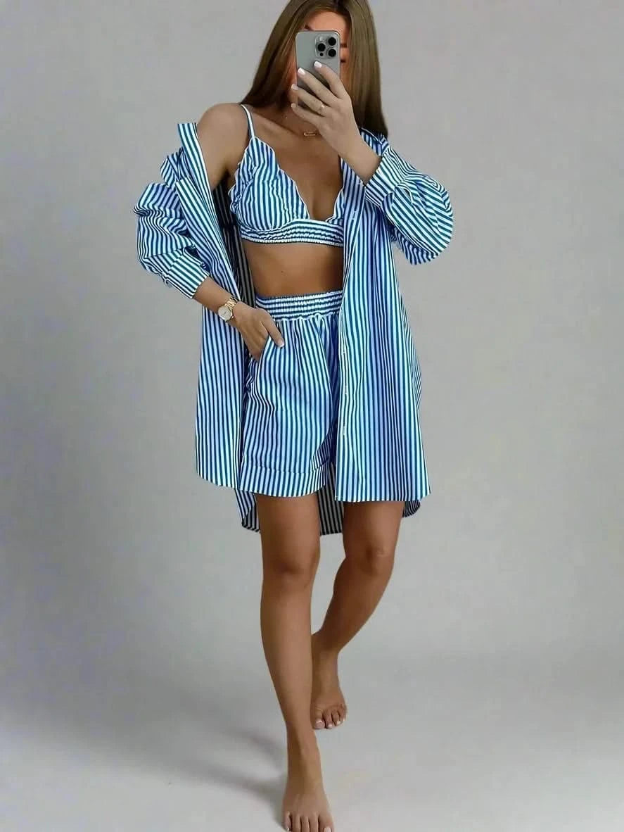 Full image of blue Loose Stripe Print Three Piece Set