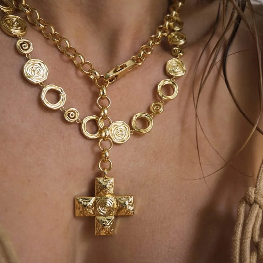 Gold - 18k Gold-Plated Cross Water Swirl Necklace