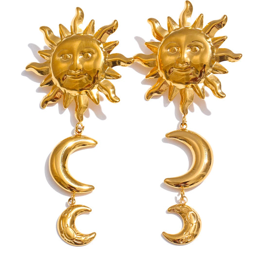 Golden Sun Moon Dangle Earrings - Trendy Daily Jewelry