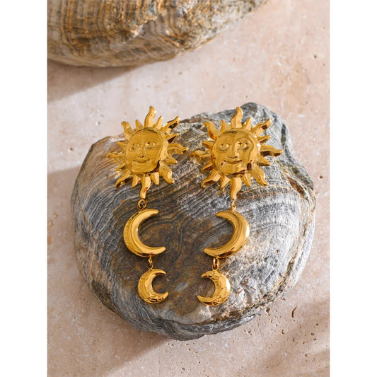 Golden Sun Moon Dangle Earrings - Trendy Daily Jewelry