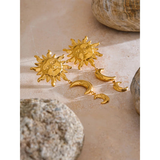 Golden Sun Moon Dangle Earrings - Trendy Daily Jewelry