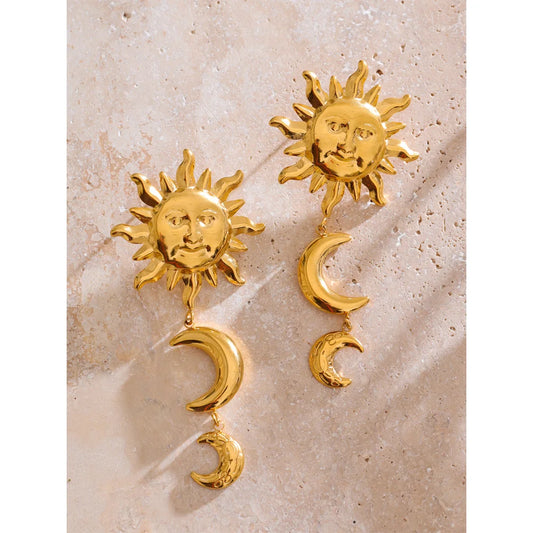 Golden Sun Moon Dangle Earrings - Trendy Daily Jewelry